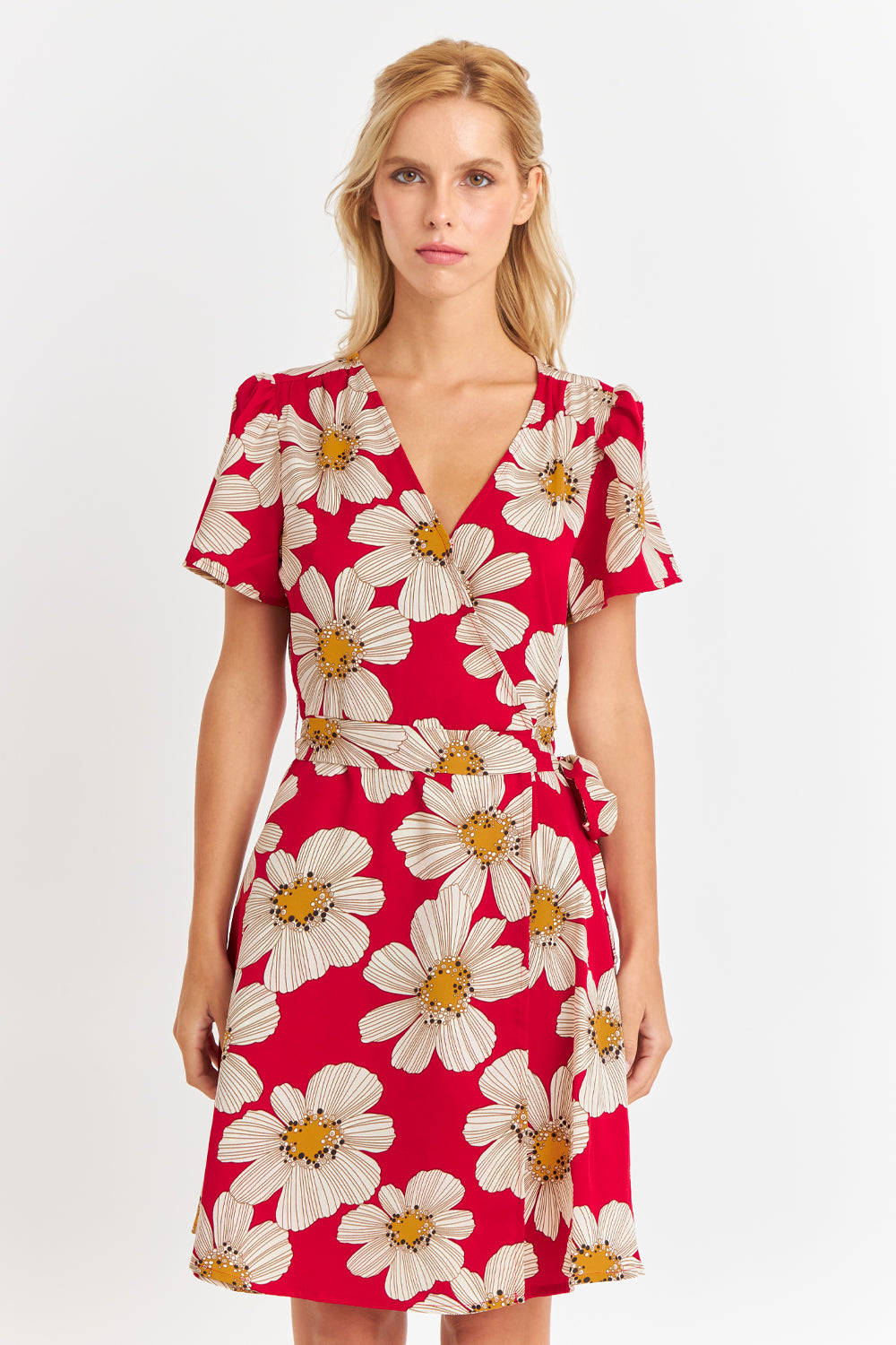 Vestido Escote Cruzado Flores Rojas Nicoply