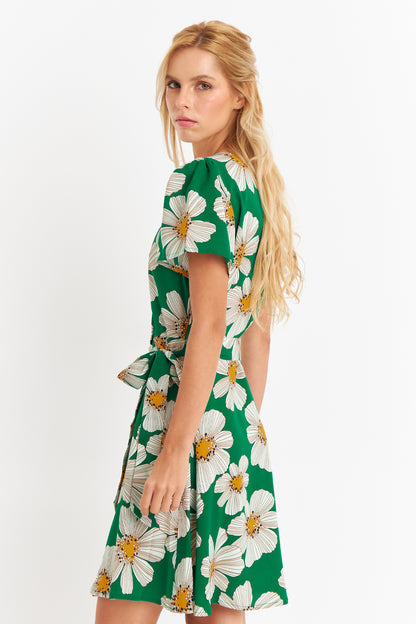 Vestido Escote Cruzado Flores Verde Nicoply