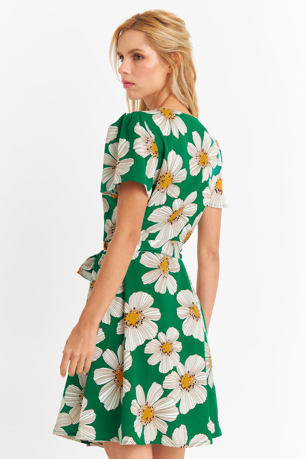 Vestido Escote Cruzado Flores Verde Nicoply