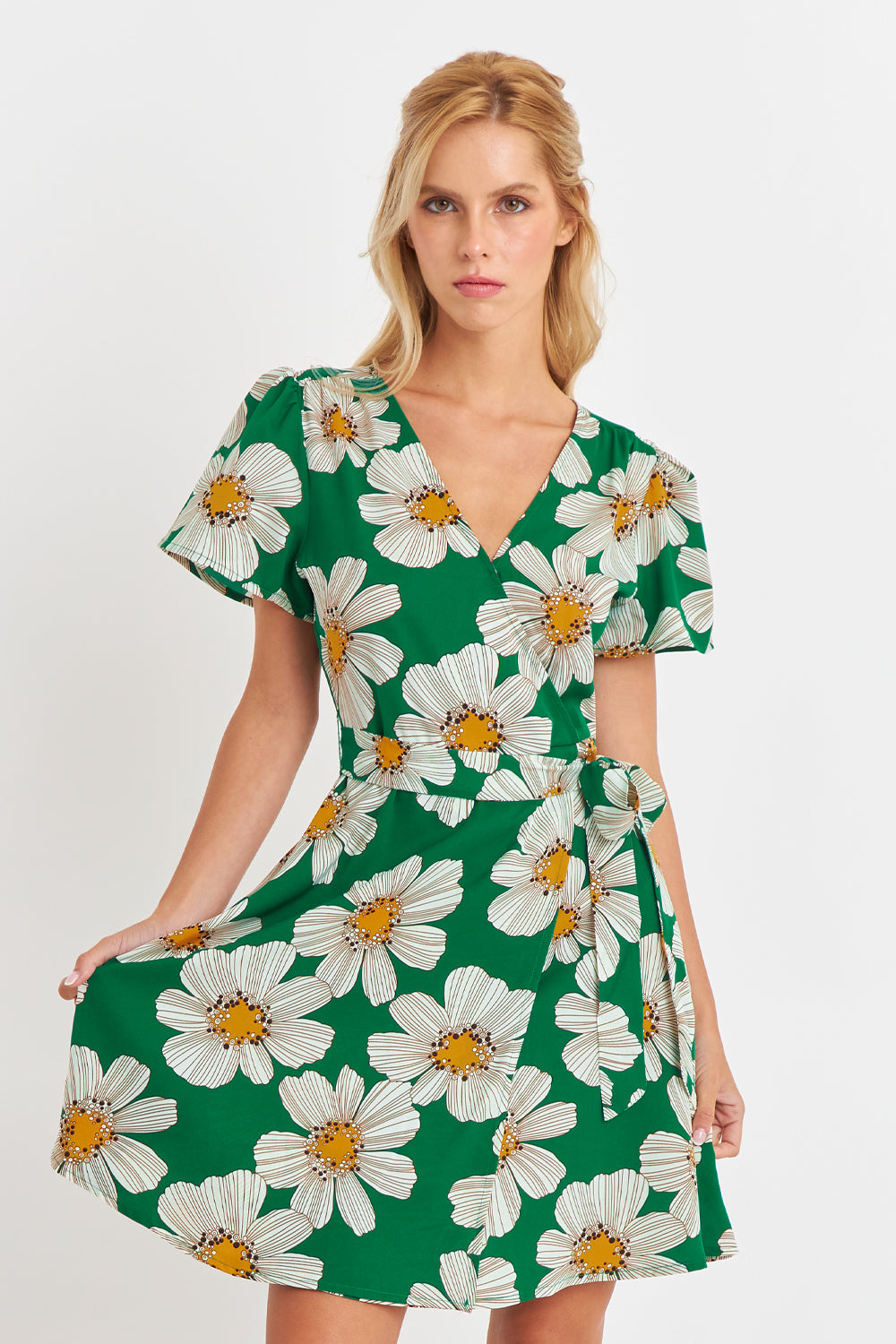 Vestido Escote Cruzado Flores Verde Nicoply