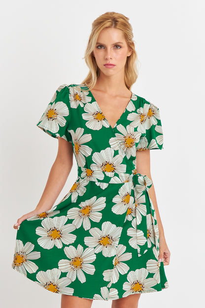 Vestido Escote Cruzado Flores Verde Nicoply