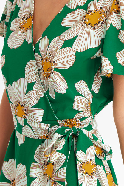 Vestido Escote Cruzado Flores Verde Nicoply