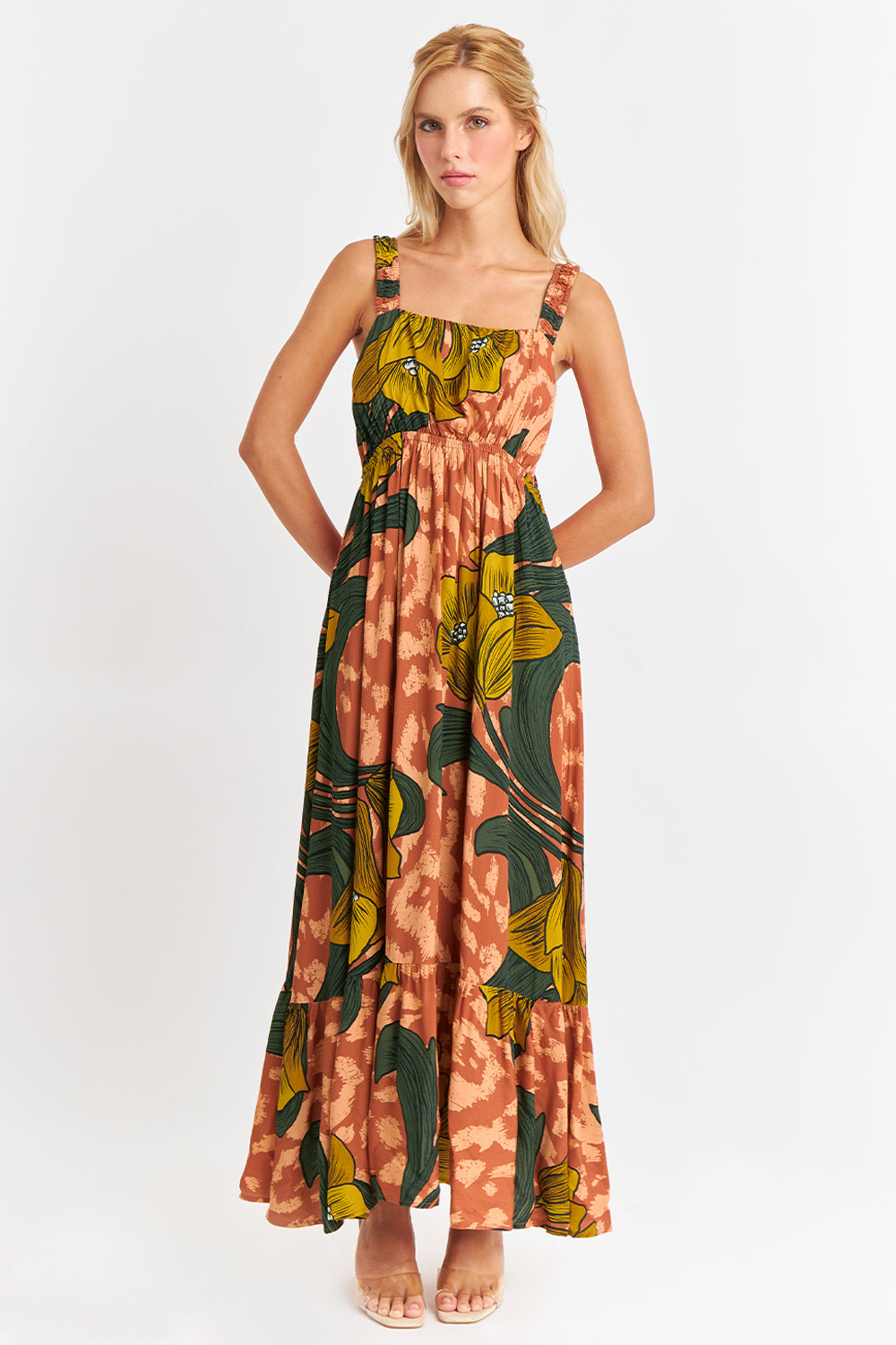 Vestido Cintura Elasticada Flores Naranja