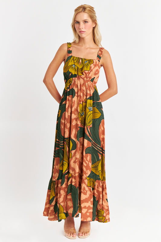 Vestido Cintura Elasticada Flores Naranja