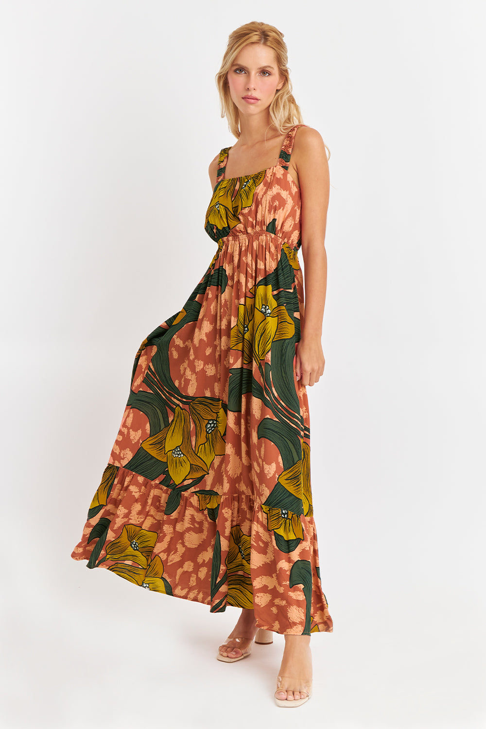 Vestido Cintura Elasticada Flores Naranja