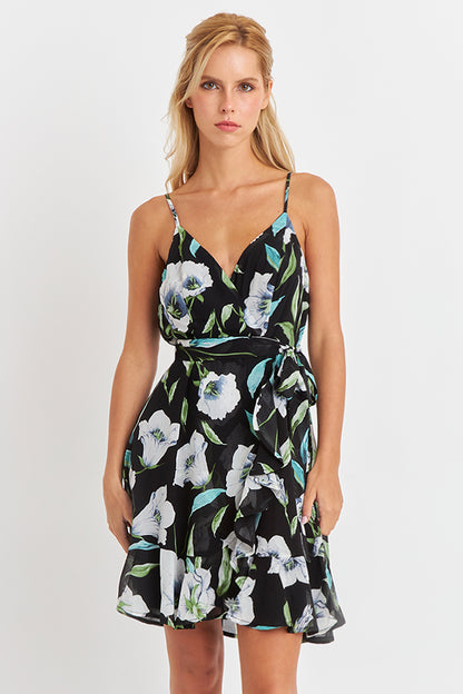 Vestido Corto Floral con Vuelos Cruzados Blanco