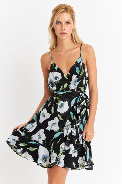 Vestido Corto Floral con Vuelos Cruzados Blanco