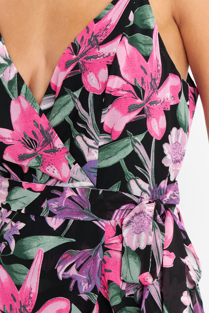 Vestido Corto Floral con Vuelos Cruzados Fucsia