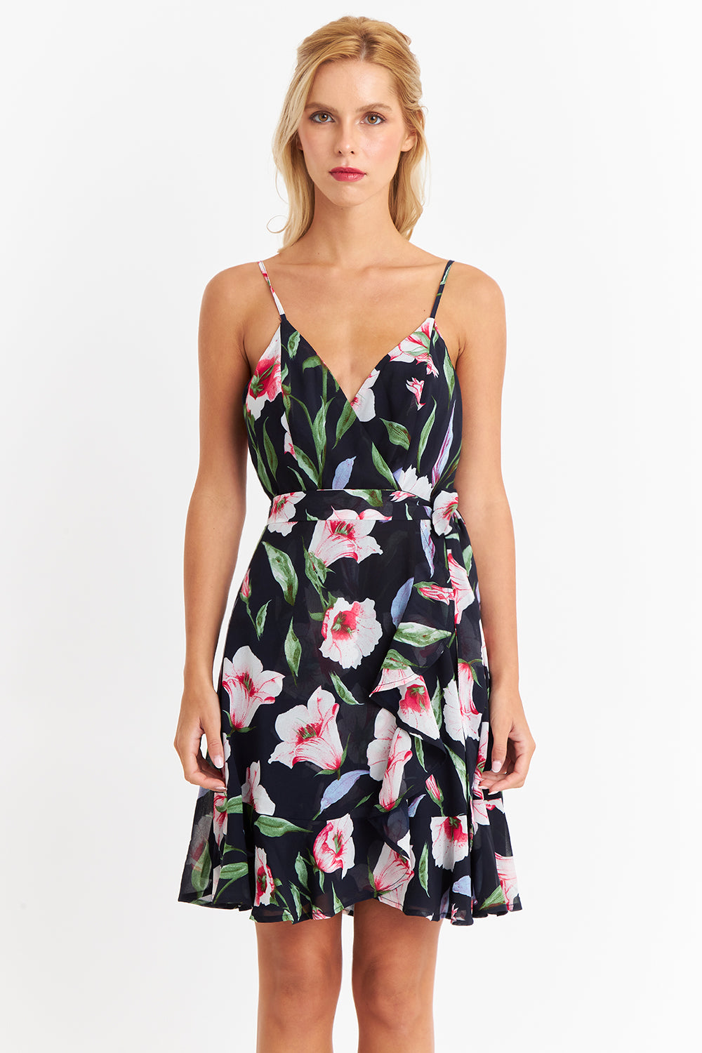 Vestido Corto Floral con Vuelos Cruzados Rosado