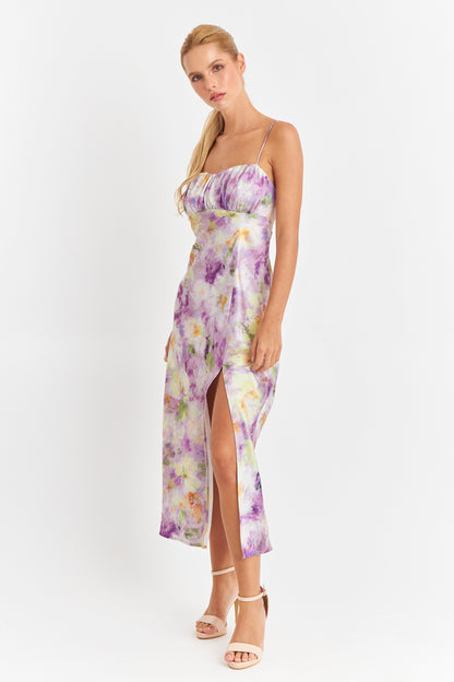 Vestido Satinado Escote Fruncido Lila