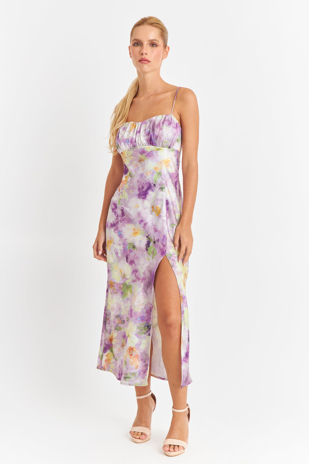 Vestido Satinado Escote Fruncido Lila