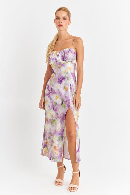 Vestido Satinado Escote Fruncido Lila