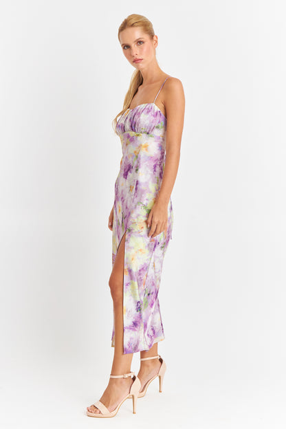 Vestido Satinado Escote Fruncido Lila