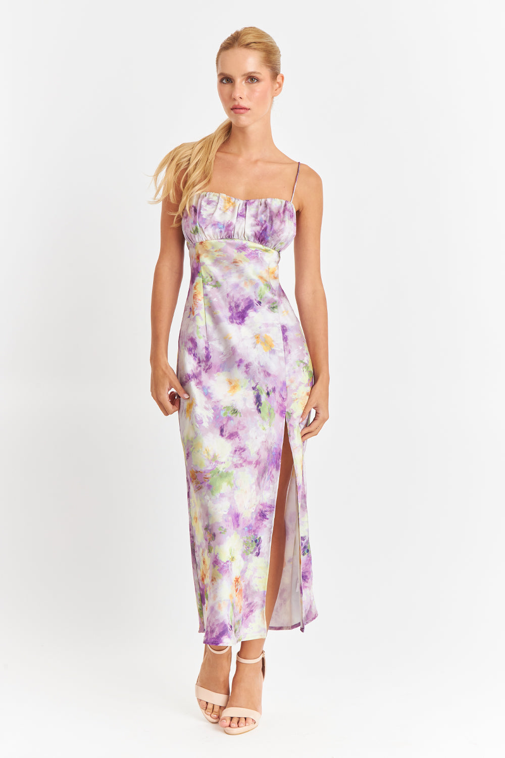 Vestido Satinado Escote Fruncido Lila