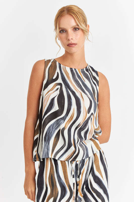 Top Tipo Lino Estampado Cebra Café