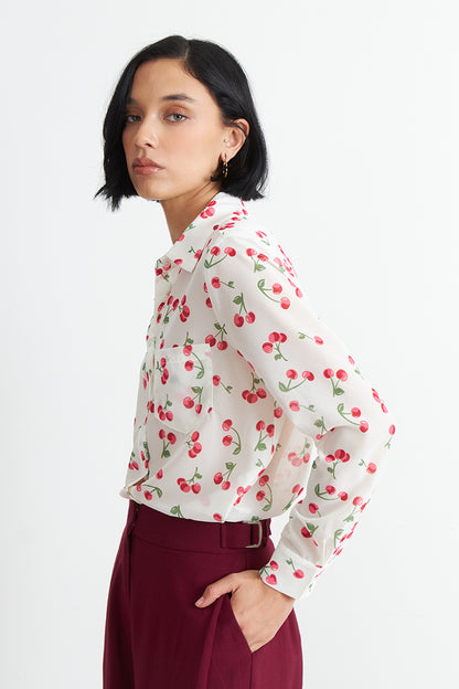 Blusa Manga Larga Estampado Cereza Blanco