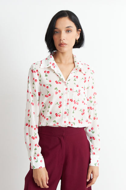 Blusa Manga Larga Estampado Cereza Blanco