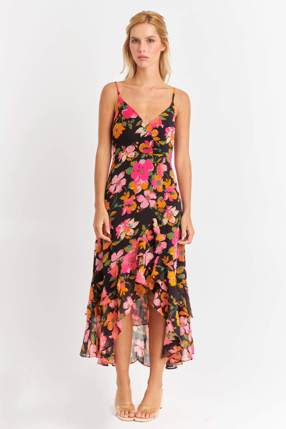 Vestido Asimétrico Floral Fucsia