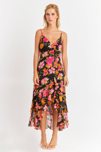 Vestido Asimétrico Floral Fucsia