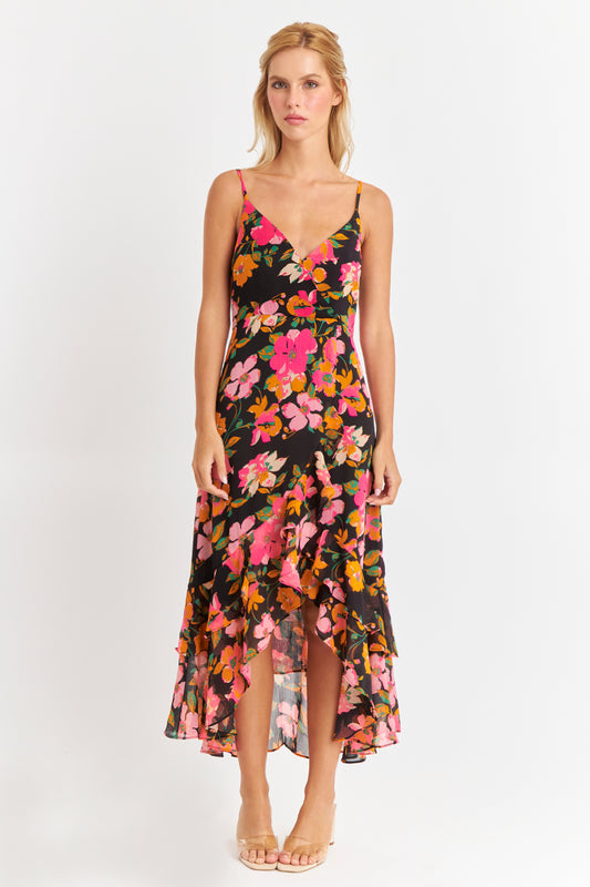 Vestido Asimétrico Floral Fucsia