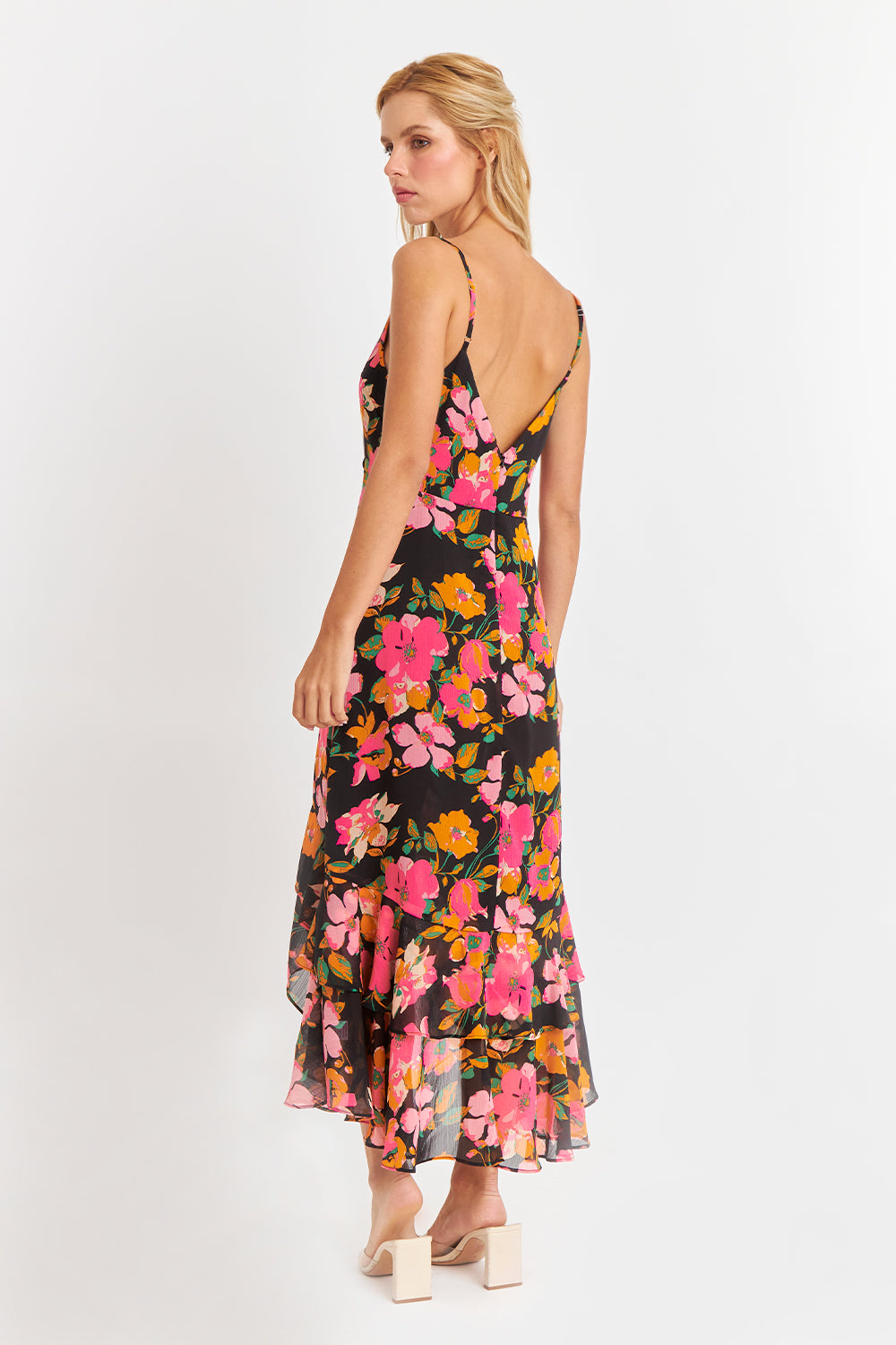 Vestido Asimétrico Floral Fucsia