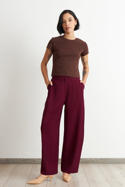 Pantalón Estilo Japonés Pierna Ancha Burdeo