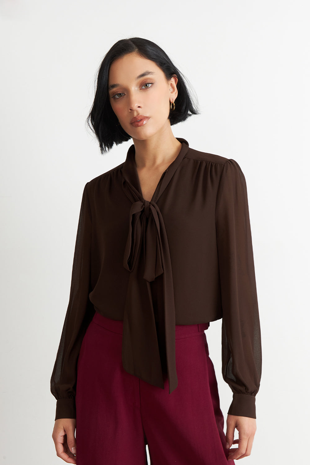 Blusa Manga Larga con Corbatín Café