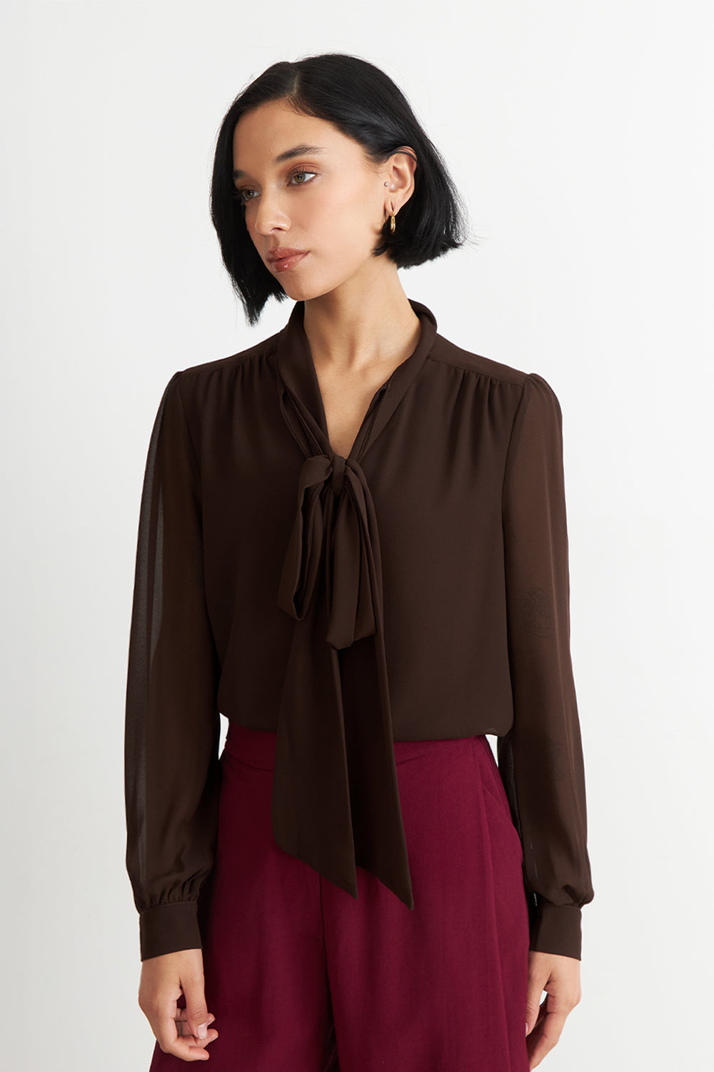 Blusa Manga Larga con Corbatín Café