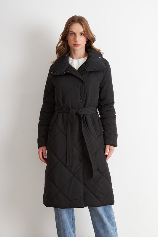 Parka Acolchada con Cinturón Lazo Negro