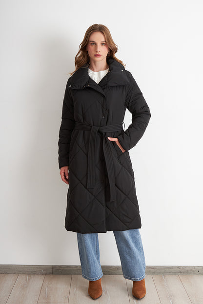 Parka Acolchada con Cinturón Lazo Negro