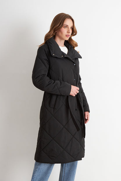 Parka Acolchada con Cinturón Lazo Negro