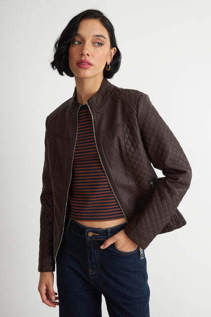 Chaqueta Ecocuero Acolchado Cuello Mao Café