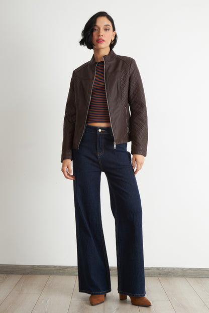 Chaqueta Ecocuero Acolchado Cuello Mao Café