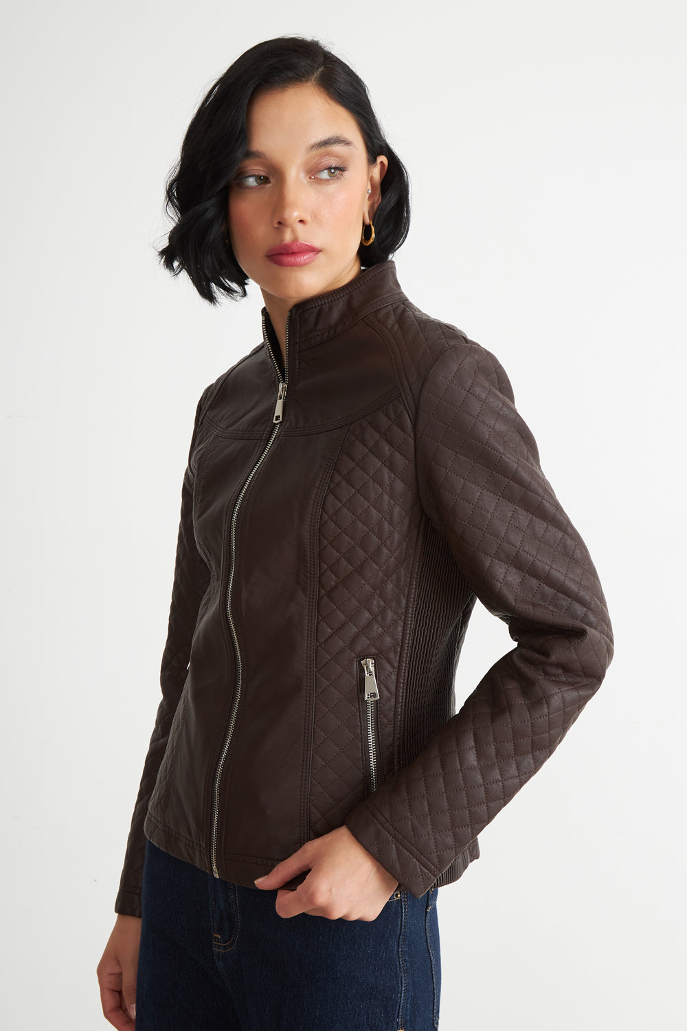 Chaqueta Ecocuero Acolchado Cuello Mao Café