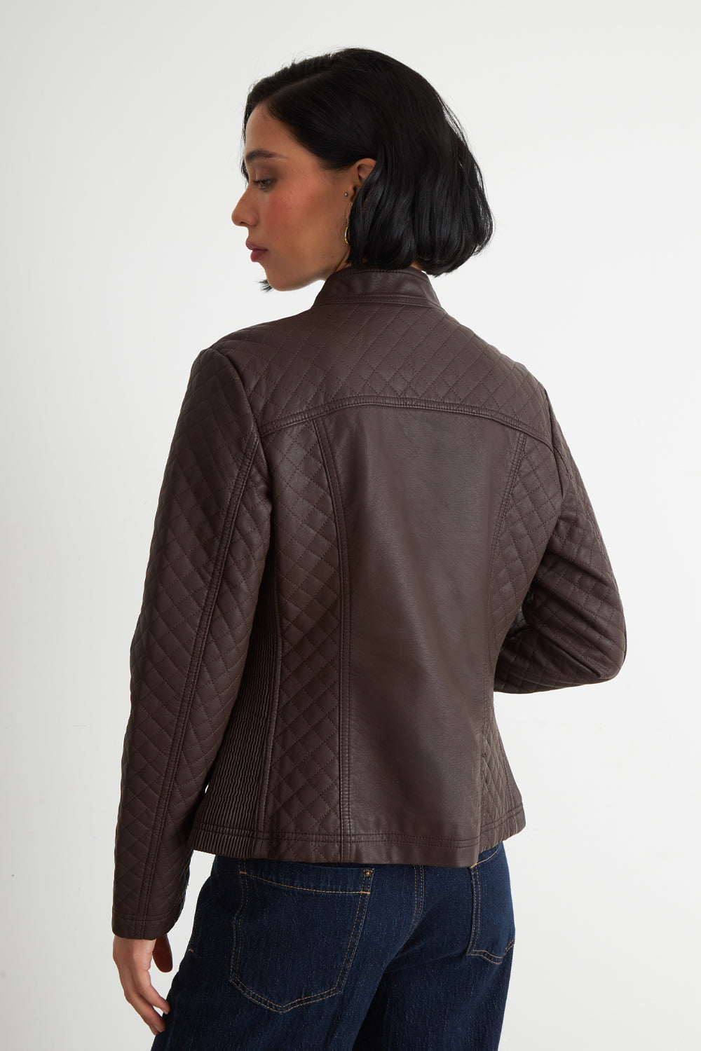 Chaqueta Ecocuero Acolchado Cuello Mao Café