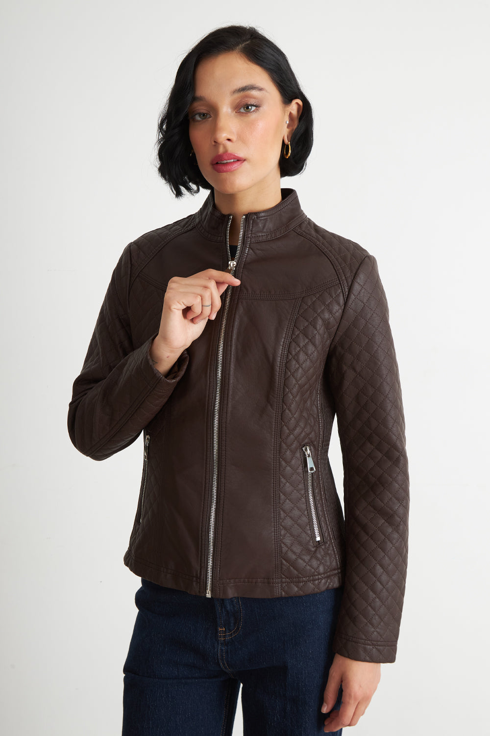 Chaqueta Ecocuero Acolchado Cuello Mao Café