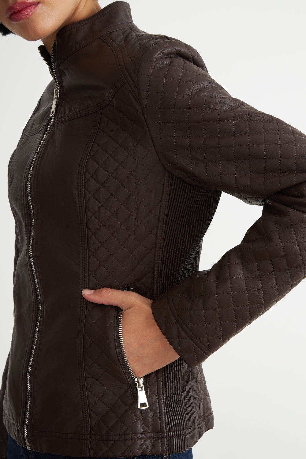 Chaqueta Ecocuero Acolchado Cuello Mao Café