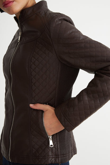 Chaqueta Ecocuero Acolchado Cuello Mao Café