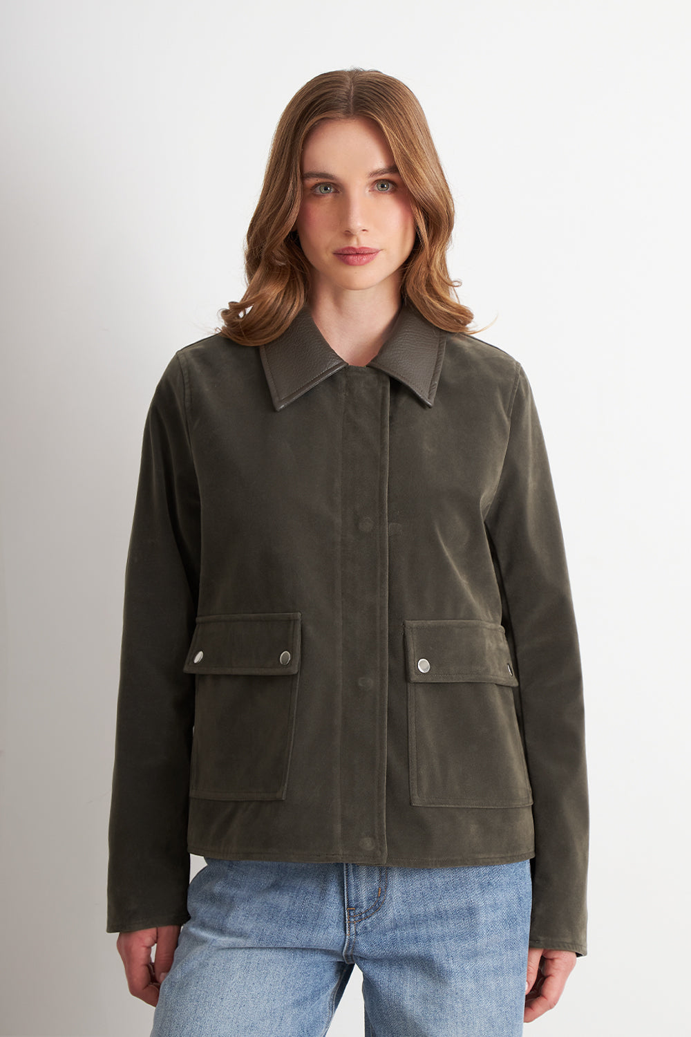 Chaqueta Tipo Gamuza Cuello Ecocuero Oliva
