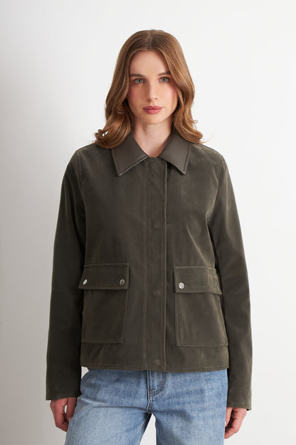 Chaqueta Tipo Gamuza Cuello Ecocuero Oliva