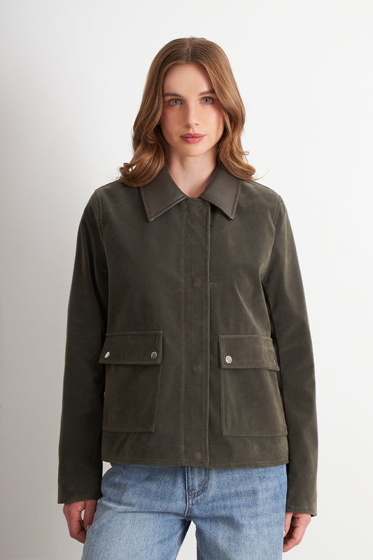 Chaqueta Tipo Gamuza Cuello Ecocuero Oliva