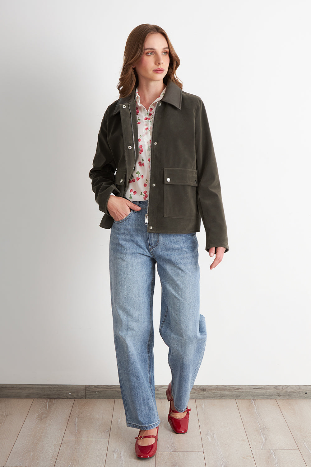 Chaqueta Tipo Gamuza Cuello Ecocuero Oliva