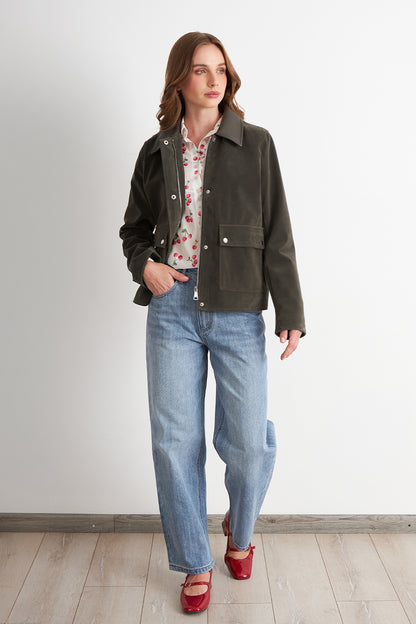 Chaqueta Tipo Gamuza Cuello Ecocuero Oliva