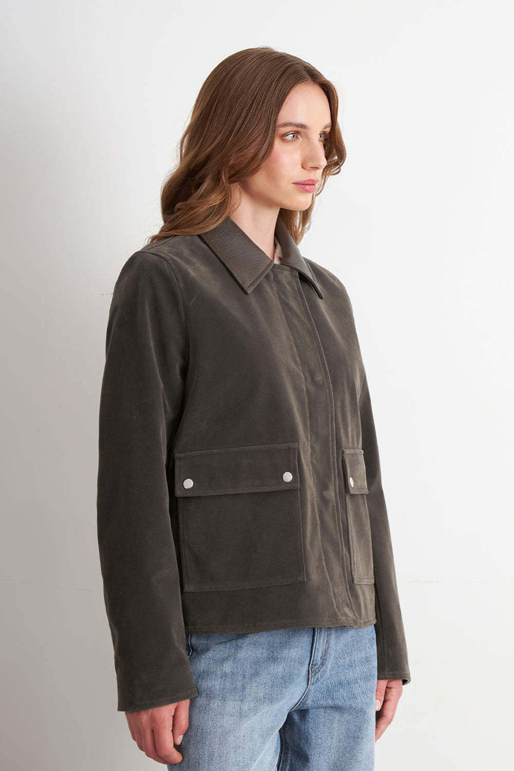 Chaqueta Tipo Gamuza Cuello Ecocuero Oliva