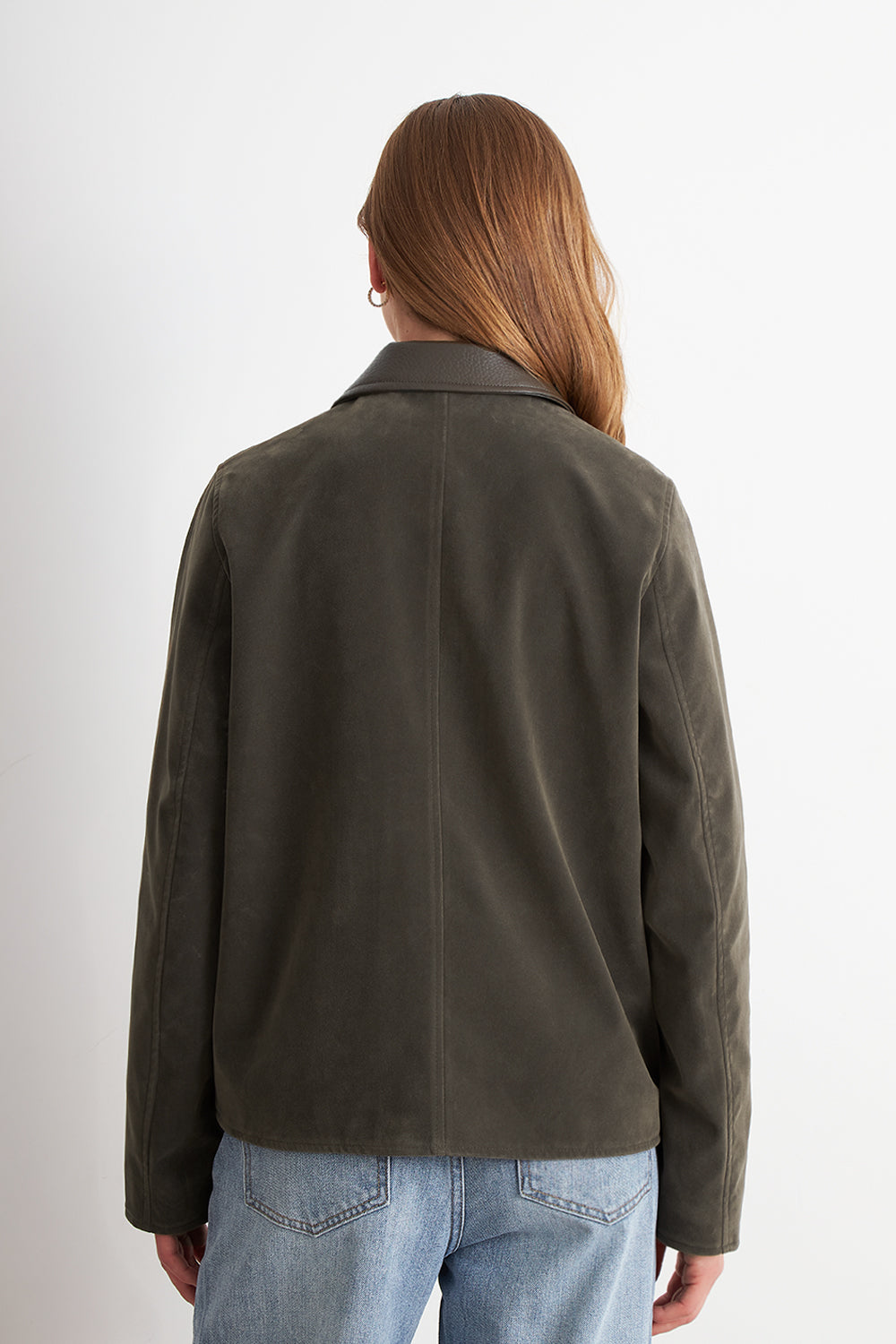 Chaqueta Tipo Gamuza Cuello Ecocuero Oliva