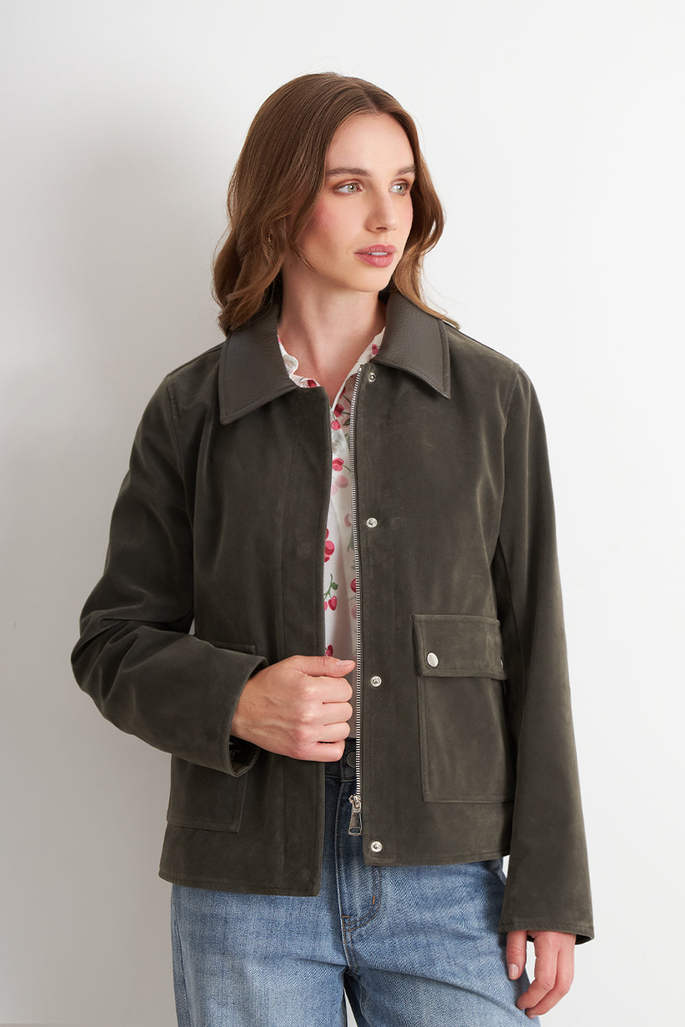 Chaqueta Tipo Gamuza Cuello Ecocuero Oliva