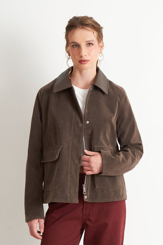 Chaqueta Tipo Gamuza Cuello Ecocuero Café