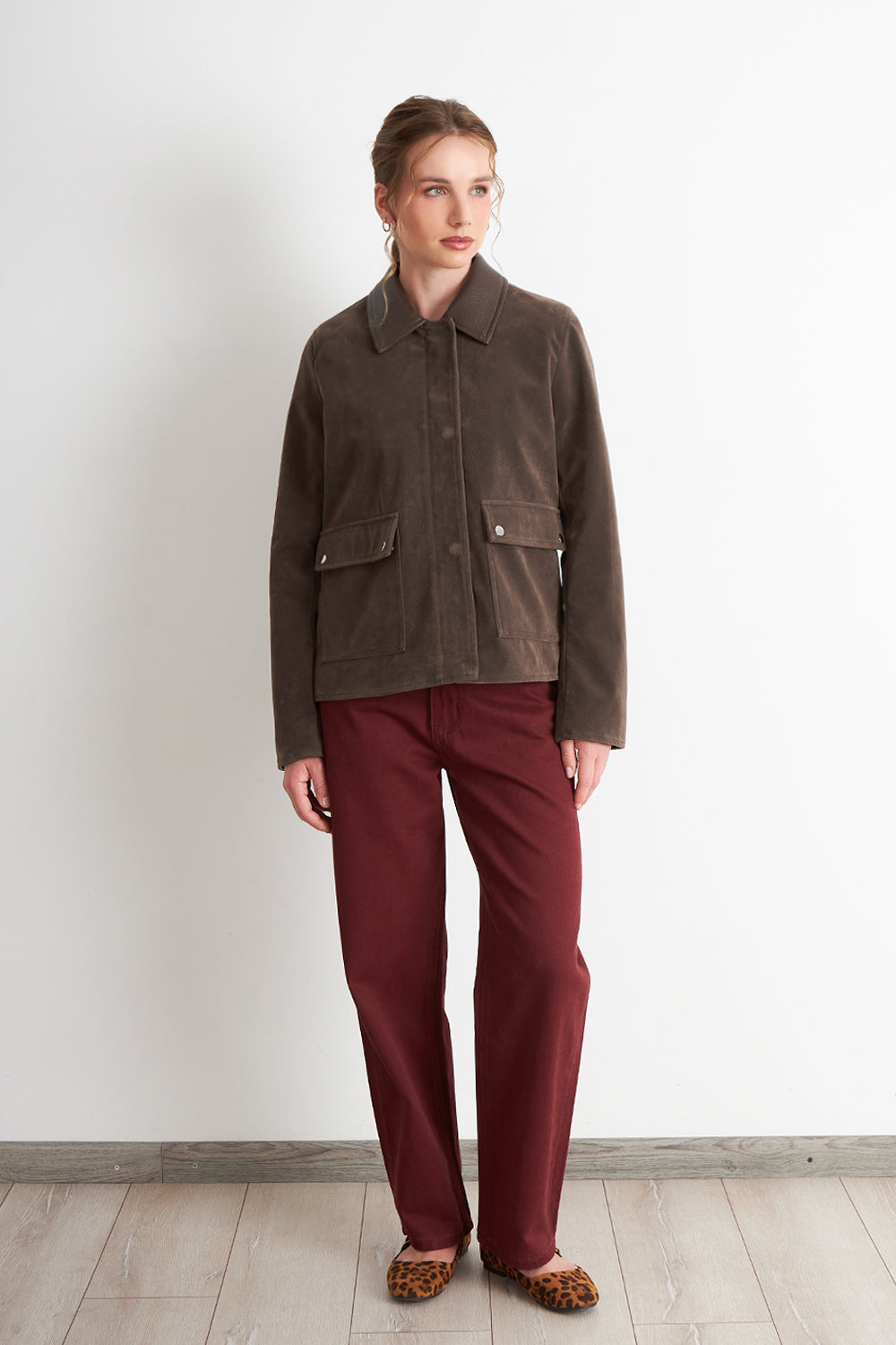 Chaqueta Tipo Gamuza Cuello Ecocuero Café
