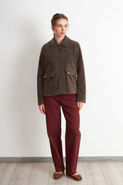 Chaqueta Tipo Gamuza Cuello Ecocuero Café