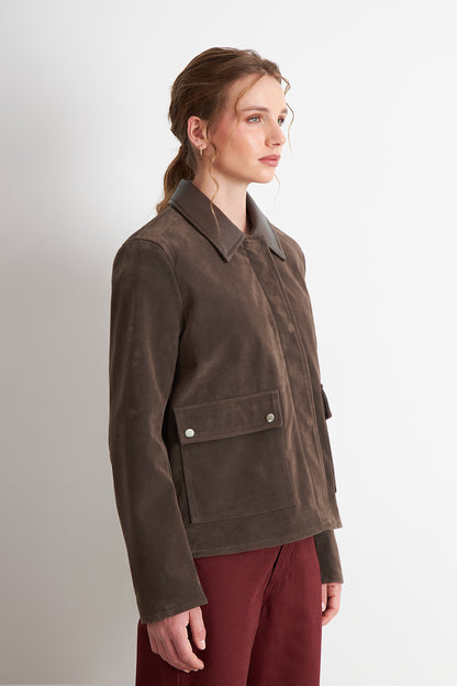 Chaqueta Tipo Gamuza Cuello Ecocuero Café